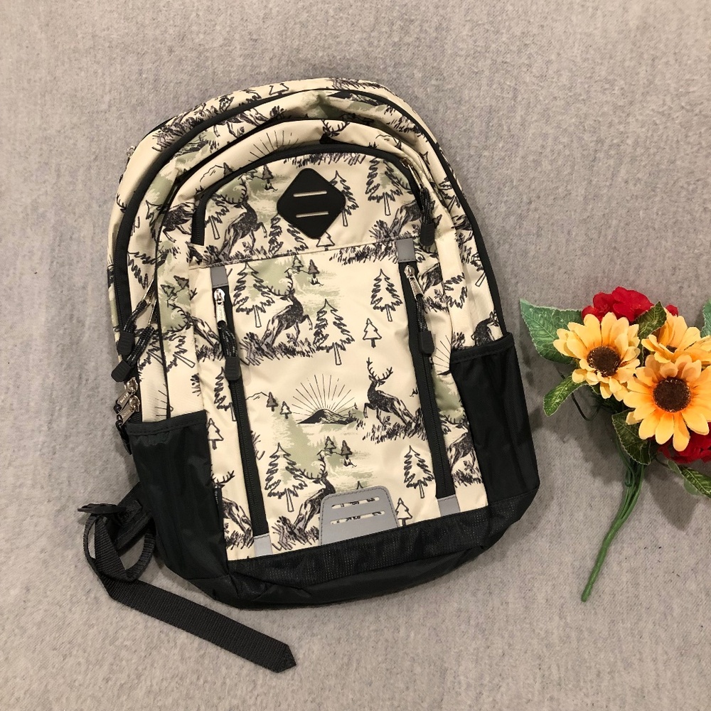 NWT - Eastport Black & Cream Forest Motif Deluxe Sport Backpack
